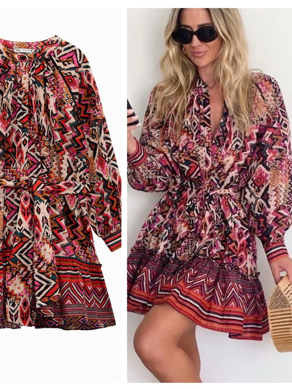 ZARA oversized ethnic print dress with flounced hem